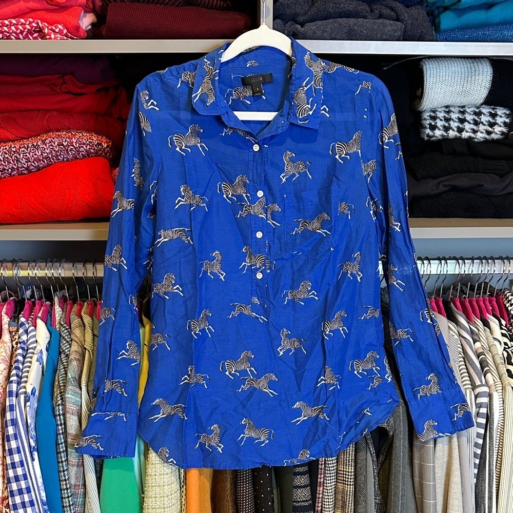 J Crew blue/zebra print long sleeve cotton/silk blend semi sheer top size 2